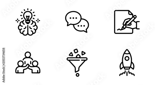 Business Strategy Icons: Idea, Teamwork, Sales Funnel, Launch, Writing