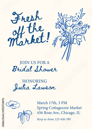 Whimsical bridal shower invitation template with hand drawn flower clipart