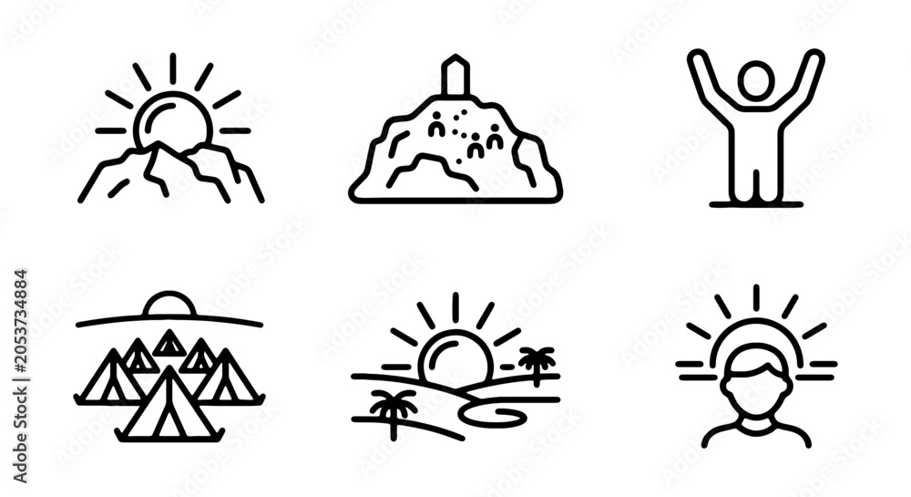 Fototapeta premium Sunrise Mountain Peaks, Desert Oasis, and Human Achievement Icons Set