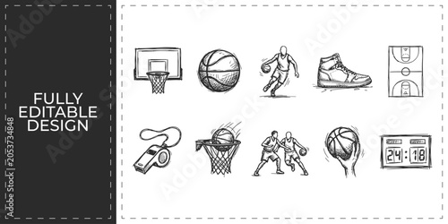 Foto Basketball training and defensive strategy hand drawn doodle icons set featuring