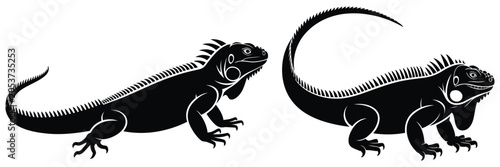 Quadro em tela Black Iguana Lizard Silhouette Set Featuring Tropical Reptile Poses in Smooth and Spiky Styles, Isolated vector illustration