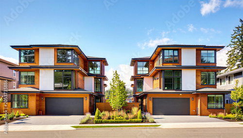 Tableau sur toile Two modern duplex houses with wooden and white facades, large, and manicured lan
