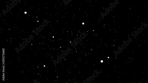 Tiny white starry particles twinkling and floating randomly in vast deep empty dark cosmic night sky. Deep space exploration and eternity concept