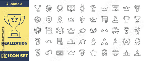 Bild auf Leinwand Realization Achievement Trophy Line Icon Set, Editable Stroke Outline Vector Col