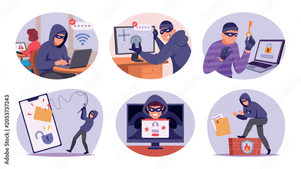 Fototapeta premium Data Security. Vector cybercrime set with masked hackers stealing passwords money and private data through screens exact concept