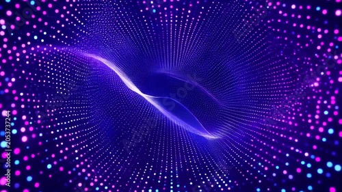 Abstract blue neon light wave vortex swirling smoothly forming futuristic digital portal tunnel. Sci-fi space travel concept
