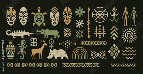 Ethnic Patterns. Tribal vector symbols masks ornaments and geometric borders in african ethnic style set recent collection