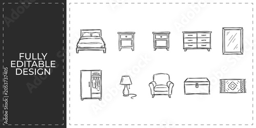 Fotografía Bedroom furniture and interior decor hand drawn doodle icons set featuring bed w
