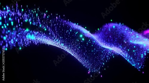 Abstract blue and purple neon particle wave flowing dynamically against dark empty space background. Modern technology and data concept