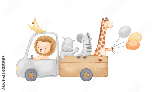 Car with cute safari animals on isolated background. Zebra, lion and hippo illustration for childish poster and baby card