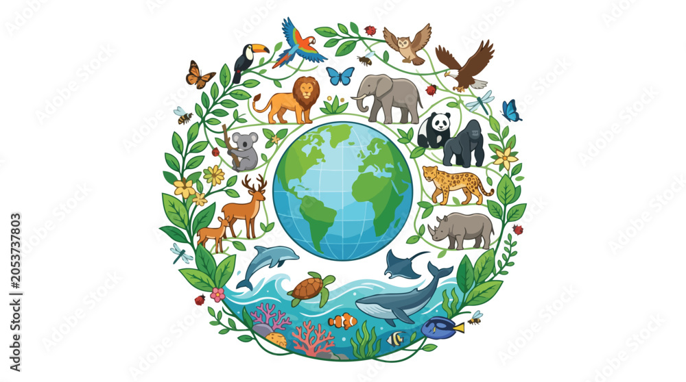 Fototapeta premium Circular composition of diverse wild animals surrounding the planet Earth globe.