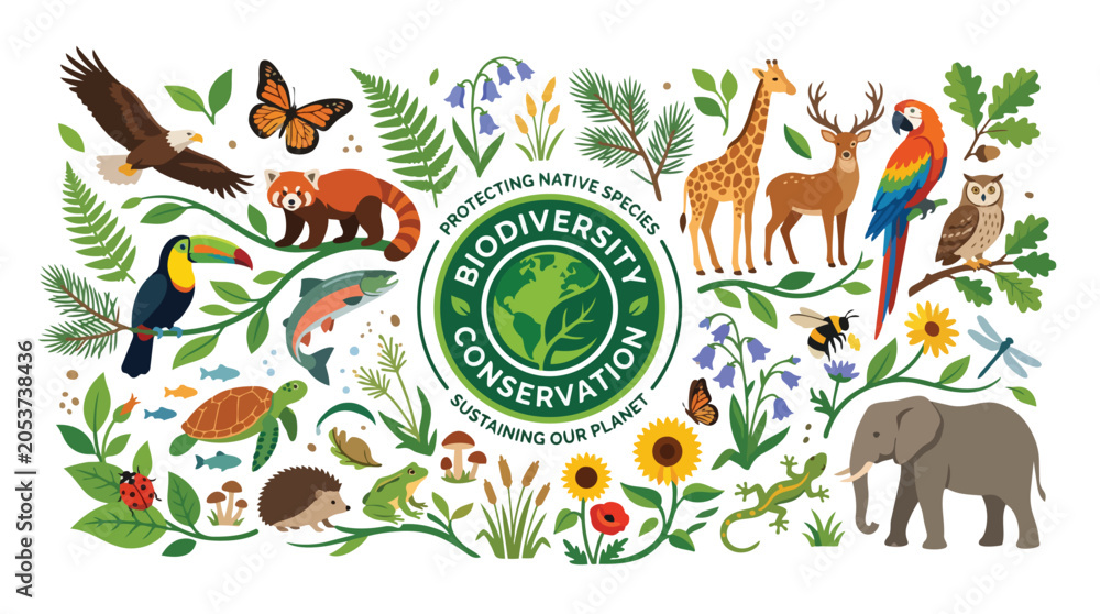 Fototapeta premium Biodiversity Conservation Illustration Featuring Diverse Wildlife and Plants.