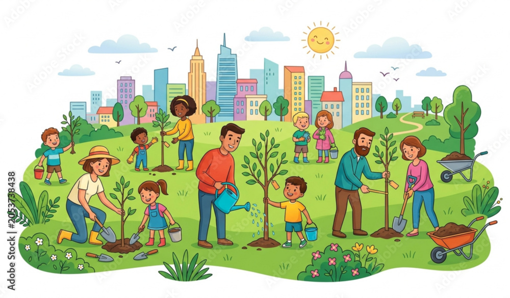 Fototapeta premium Community Tree Planting in Urban Park Environmental Conservation Vector Illustration