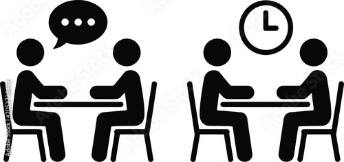 Two people having a conversation and interview with clock icon
