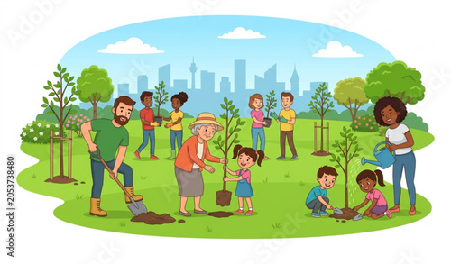 People Planting Trees Together in Urban Park Community Gardening Vector Scene