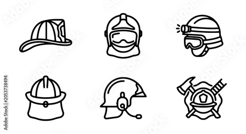 Firefighter Helmets, Safety Gear Icons, Protective Headwear Collection, Emergency Service Vector Set