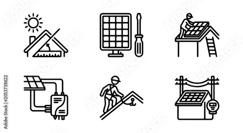 Solar Panel Installation Icons, Renewable Energy Service Set, Green Power Technology Graphics