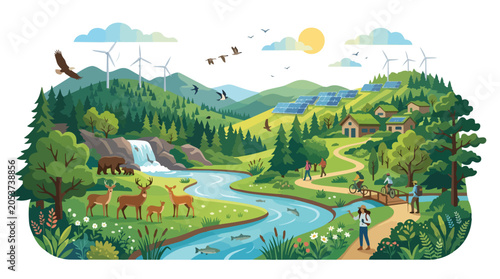 Illustration of a vibrant sustainable nature landscape with wildlife and renewable energy.