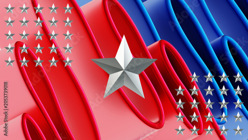 Fifty stars with a large central star floating over flowing red and blue fabric folds in a modern abstract 3D illustration render for 3d banner wallpaper.