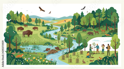 People restoring natural ecosystem and planting trees in wild landscape.