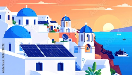 Santorini Greek village solar sunset.