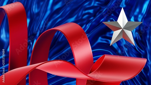 Silver stars and red metallic ribbon layered over dark blue glossy fabric in a 3D abstract illustration.