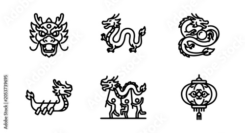 Chinese Dragon Icons Set: Mythical Creatures, Festive Lantern, Cultural Symbols