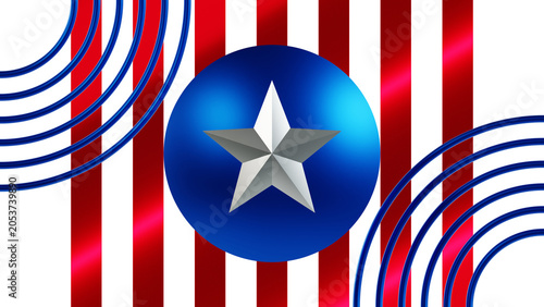 Metallic blue sphere, a silver star, seven red stripes, and frame of six blue rings arranged in a 3D abstract composition, white background.