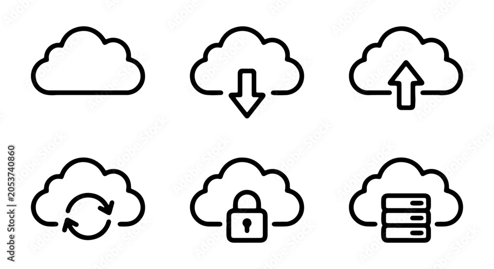 Fototapeta premium Cloud Icons: Data Storage, Download, Upload, Security, Sync, Server
