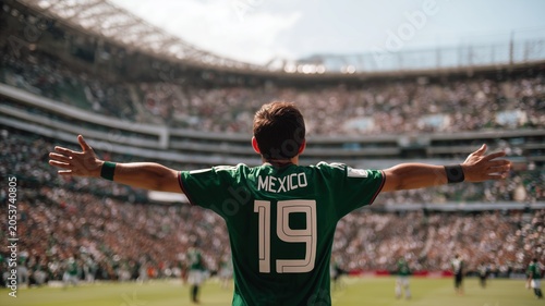 Man wearing green jersey with arms outstretched in stadium