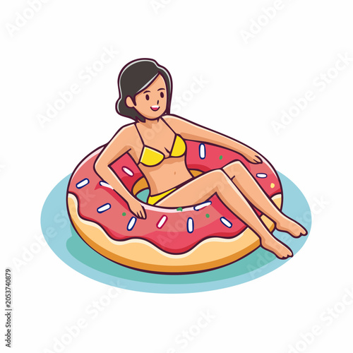 Woman Relaxing on Donut Float in Water