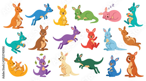 Принти на полотні Collection of cartoon kangaroos in various poses and colors, including a mother with a joey