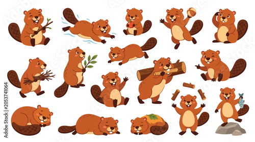 Obraz na płótnie Collection of cute cartoon beavers in various poses and activities, isolated on white background