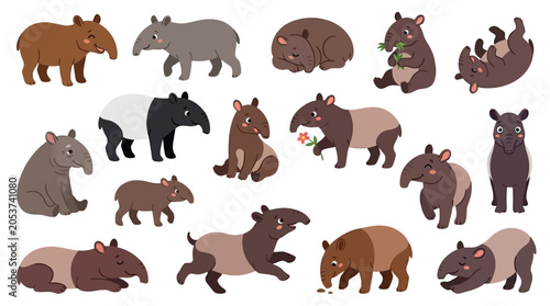 Tableau sur toile Collection of various tapir illustrations in different poses and colors, showcasing their unique features and playful nature