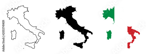 Photography Italy Map Silhouettes with National Flag and Country Outline