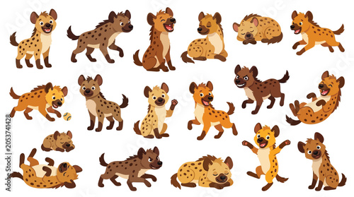 Collection of cartoon hyenas in various poses and expressions, showcasing their playful and sometimes mischievous nature.