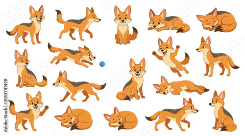 Fotografía Collection of cartoon jackals in various poses and activities, showcasing their playful and alert nature