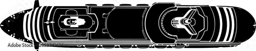 Black and white submarine vector illustration, ocean underwater vehicle, nautical outline drawing, marine vessel