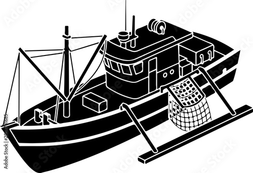 Fishing boat, fishing vessel, black and white illustration, nautical icon, vector graphic