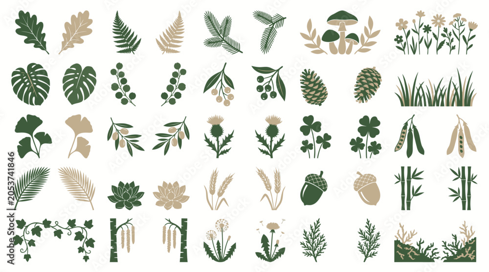 Obraz premium Collection of various green leaves and plants in earthy tones.