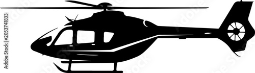 Black helicopter silhouette, aircraft icon, vector illustration, transportation symbol