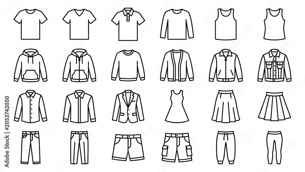 Αυτοκόλλητο Clothing line icons set featuring shirts pants jackets and skirts vector illustr