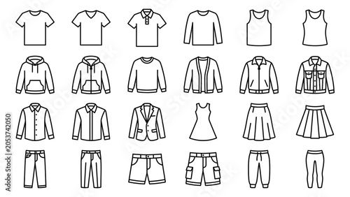 Schilderij op canvas Clothing line icons set featuring shirts pants jackets and skirts vector illustr