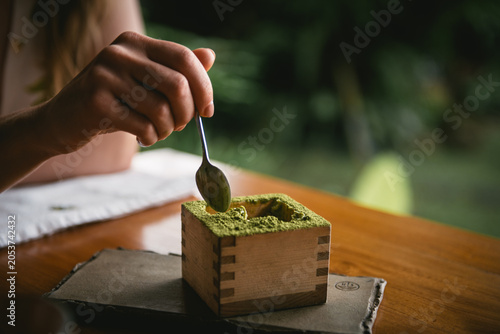 Matcha Dessert Served in Tropical Café