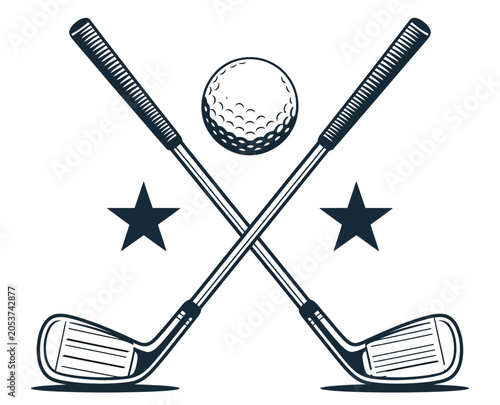 Vintage-inspired golf logo design featuring crossed vintage golf clubs, a dimpled golf ball, and twin stars on a monochrome background, retro sports emblem vector illustration for golf club branding