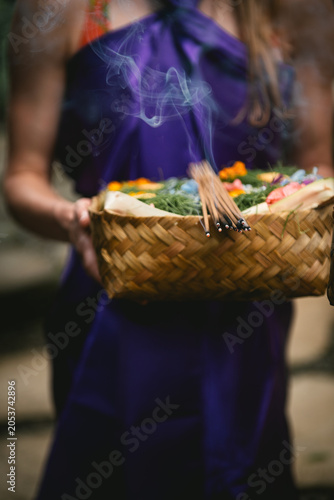 Woman Carrying Balinese Offering Basket