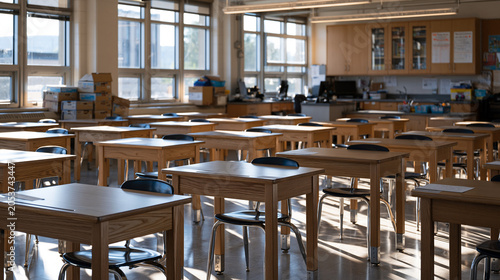 Title I elementary school classroom with thirty-four desks crammed into a space designed for twenty, teacher navigating narrow rows with reading worksheets, underfunded district