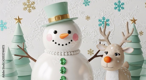 Festive Christmas Snowman and Reindeer Decoration with Holiday Trees and Snowflakes for Winter Seasonal Celebrations and Seasonal Decor