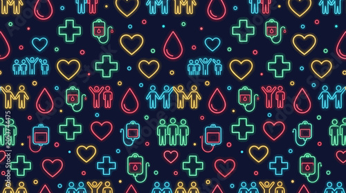 Blood donation icons form a seamless pattern representing healthcare, medical support, and community wellness on a dark background.