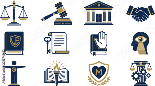 Bild auf Leinwand Legal Justice and Law Icon Set Featuring Court Authority Compliance Ethics Prote